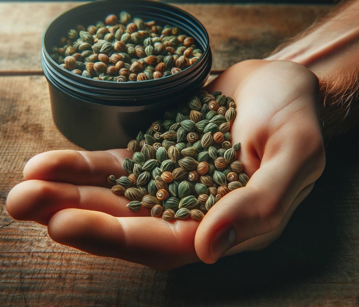 cannabis seeds. The seeds are spilling out from a black