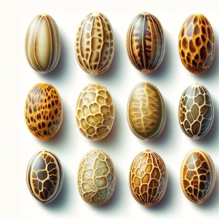 collection of ten cannabis seeds on a plain white background. The seeds are arranged in