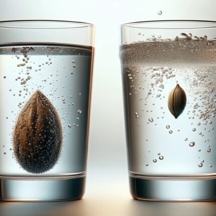 side by side. In the left glass, a fertile cannabis seed is sinking