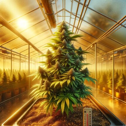 single cannabis plant inside a warm greenhouse environment. The plant is centered in the composit