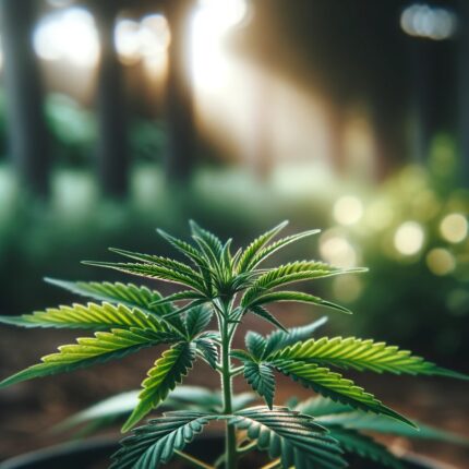 young cannabis plant. The plant is in sharp focus with a soft, blurred background