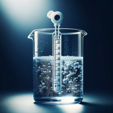 Una imagen que muestra un frasco de agua siendo medido en pH. En la imagen, se observa claramente un frasco transparente lleno de agua