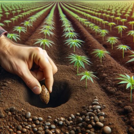 a hand planting a cannabis seed into an empty hole in the fertile soil of a field
