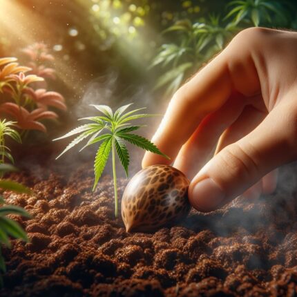 a small, realistic cannabis seed being planted in a warm and humid environment.