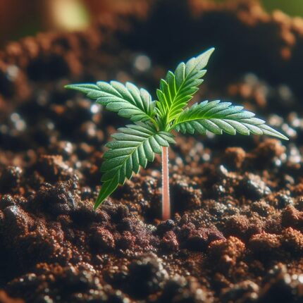 a cannabis seedling emerging from the soil