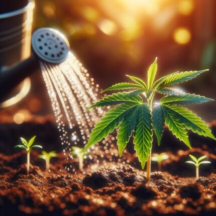 young cannabis seedlings with vibrant green leaves being watered in a warm, sunny environment.