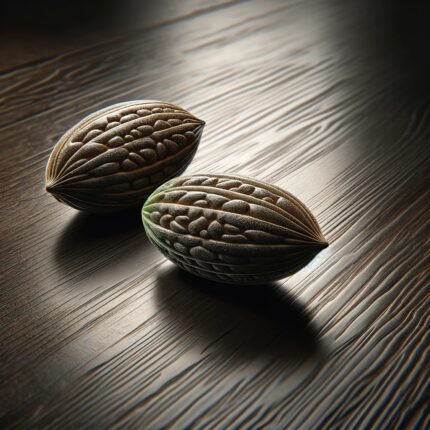 Two highly detailed and realistic cannabis seeds resting on a smooth, dark wooden table. The seeds should have a more natural, greenish