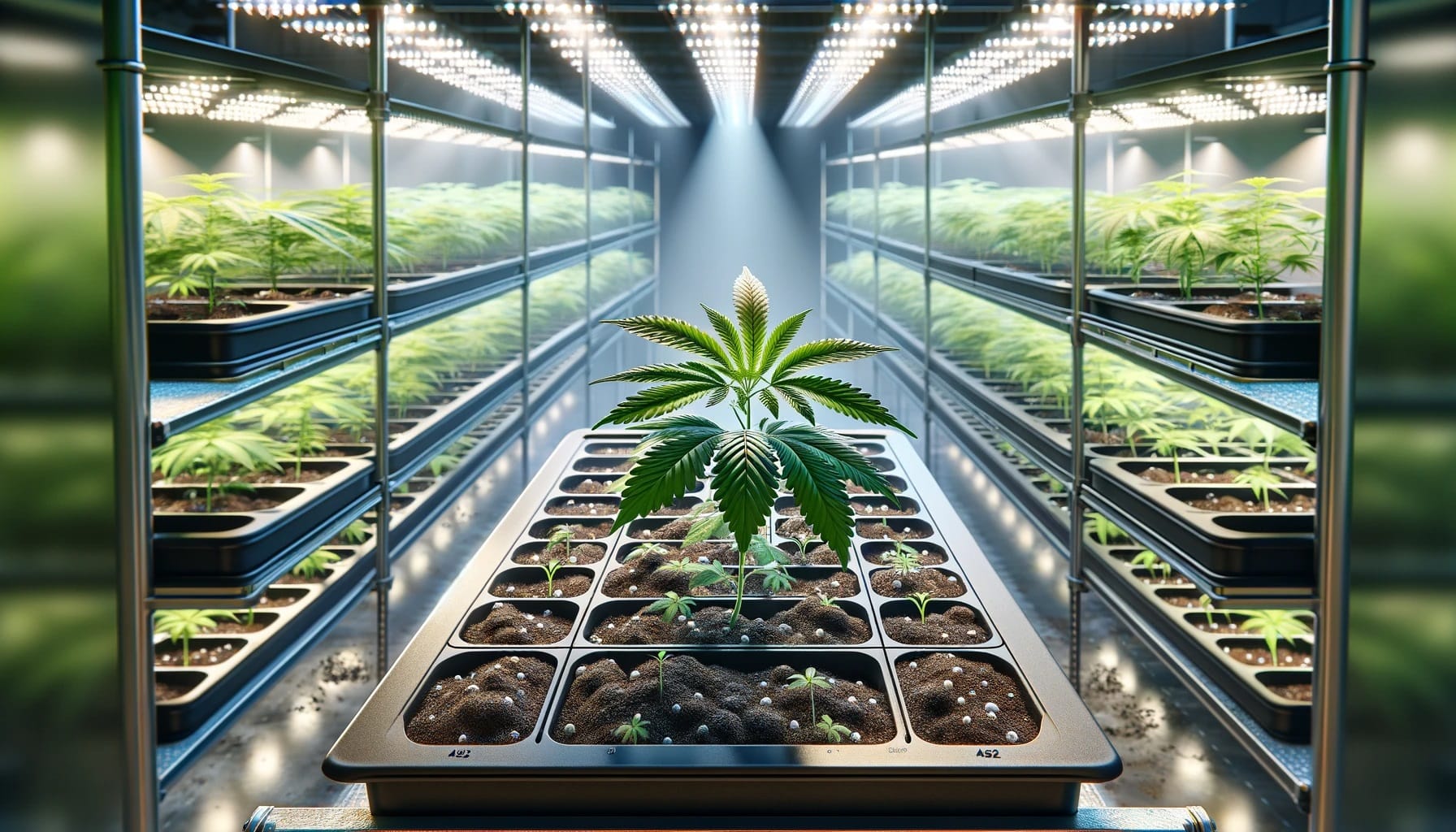 a young cannabis sprout thriving in an industrial-scale tray used in a medical cannabis farm.