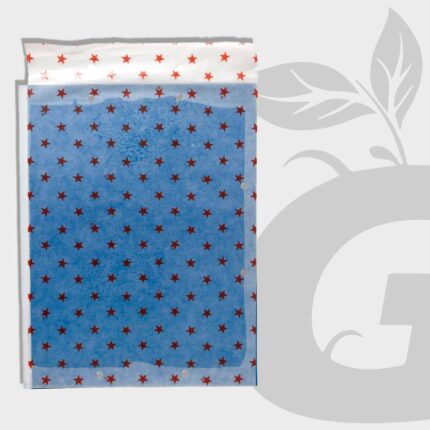 Trampa adhesiva para plagas azul, muestra frontal del producto dentro de su empaque transparente con estrellas.
