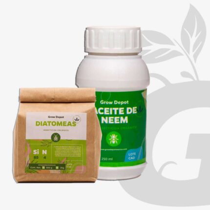 Diatomeas + aceite de Neem Grow Depot, muestra de los productos que se incluyen en este paquete.