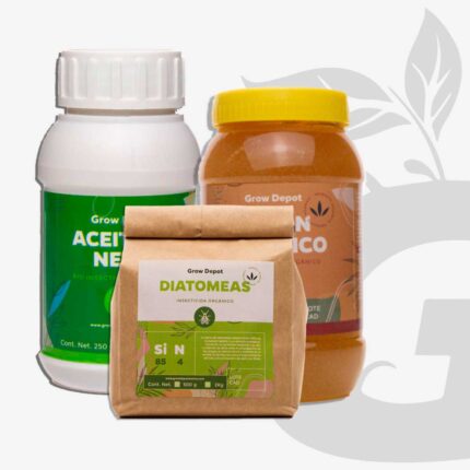 Diatomeas + aceite de Neem + Jabón potásico Grow Depot, muestra de los tres productos incluidos en este paquete.